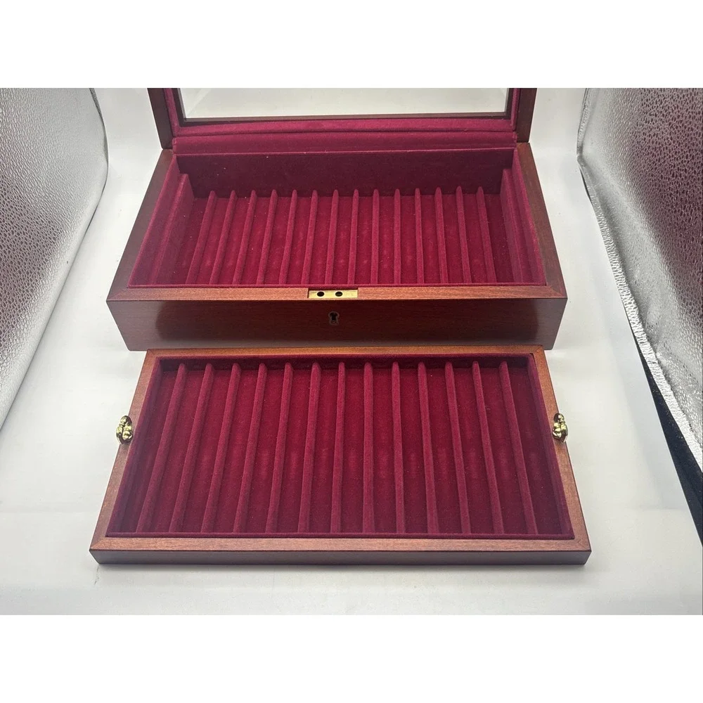 Eureka Fountain Pen Storage Box USA Wood w/ Burgundy Velvet Interior - 29 Slots